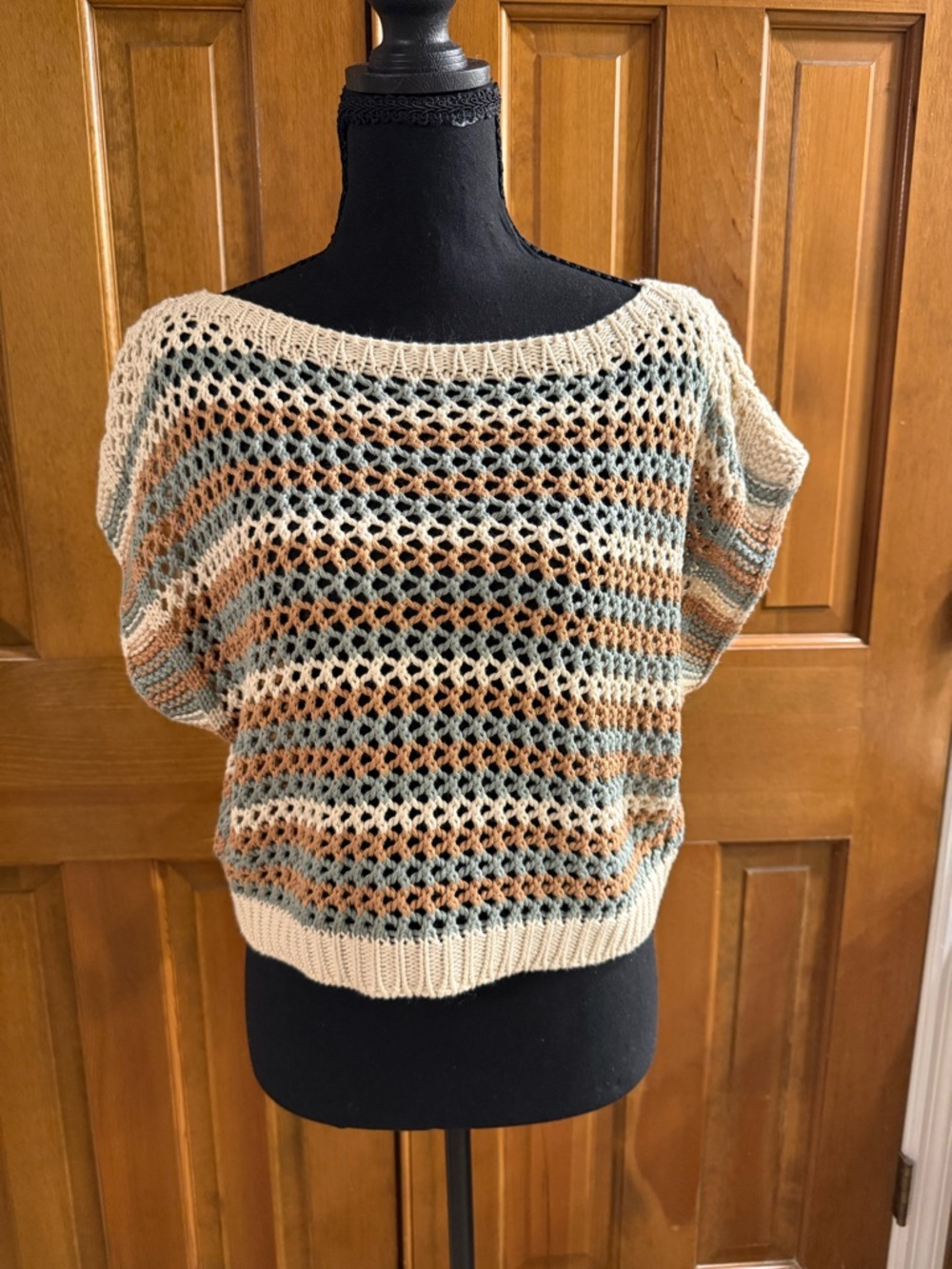 Off-the-Shoulder Open Weave Sweater - Cream Striped
